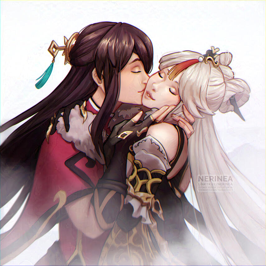 Beiguang Genshin Impact Ningguang and Beidou kissing fanart