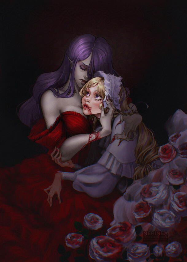 Camilla and Elise from Fire Emblem Fates painted as vampires, gothic art